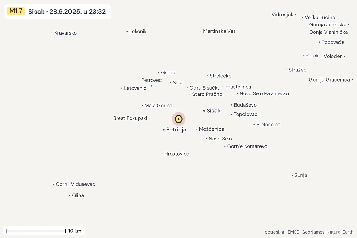 Karta: okolica epicentra, 60 km, potres M1,7, Sisak, 28.9.2025.