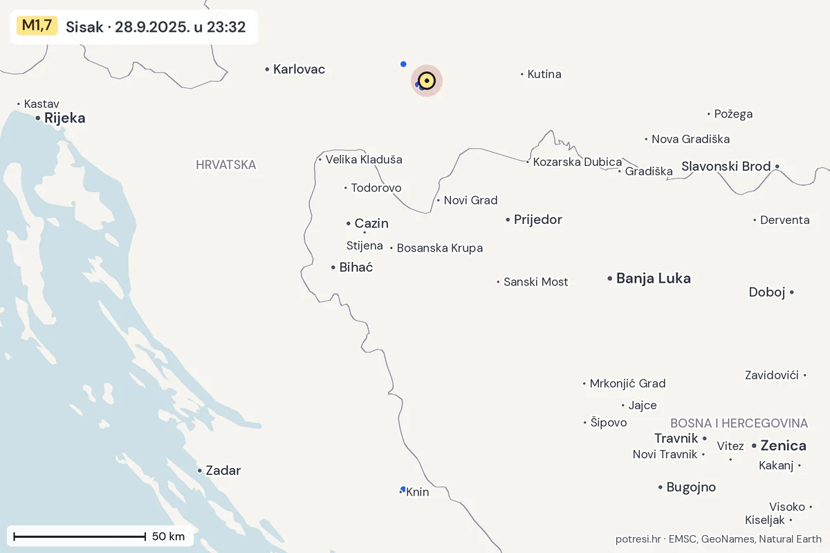 Karta: izvješća građana, potres M1,7, Sisak, 28.9.2025.