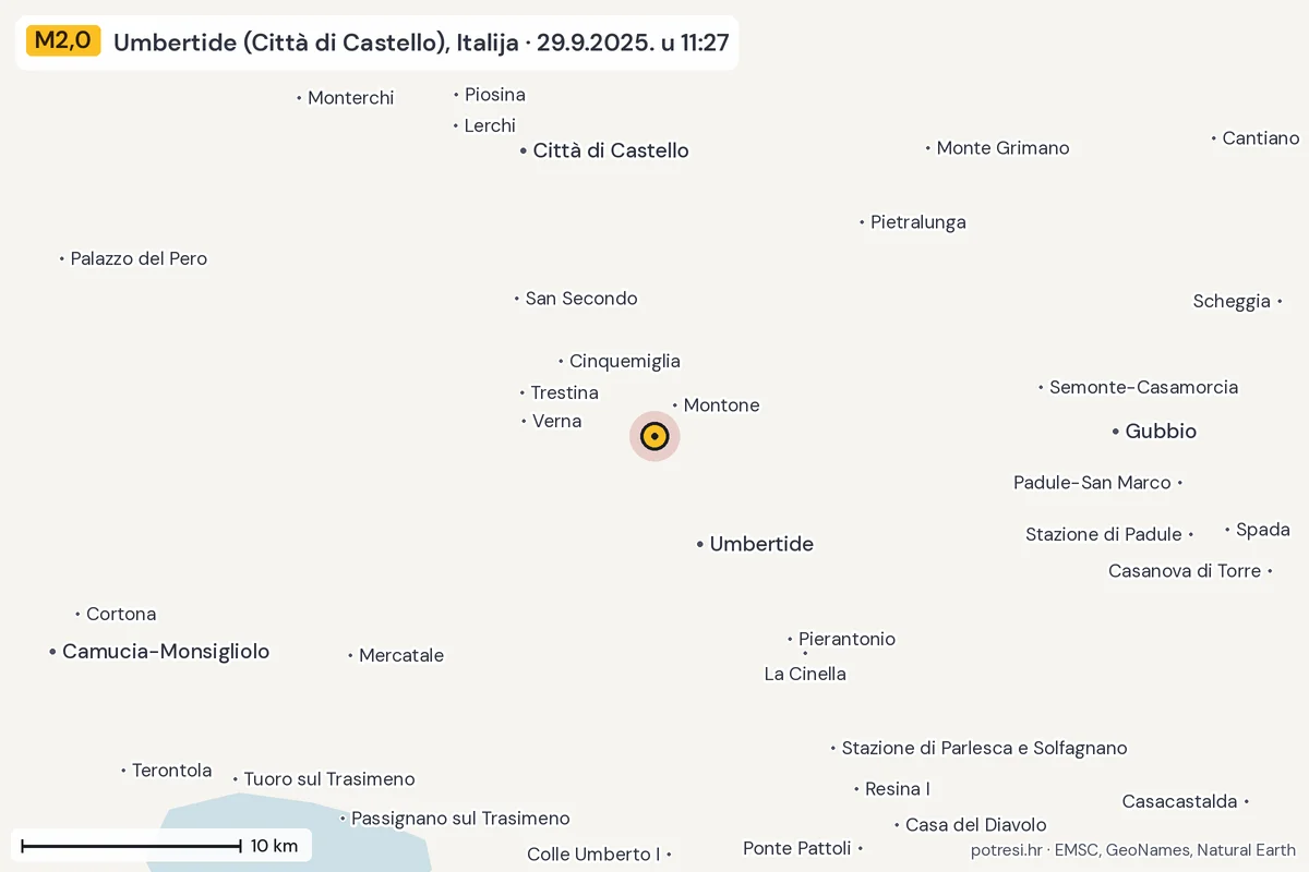 Karta: okolica epicentra, 60 km, potres M2,0, Umbertide (Città di Castello), Italija, 29.9.2025.