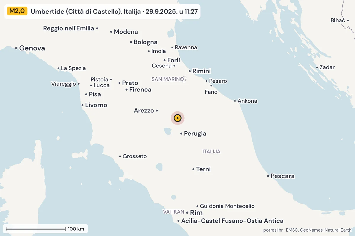 Karta: šire područje, 600 km, potres M2,0, Umbertide (Città di Castello), Italija, 29.9.2025.