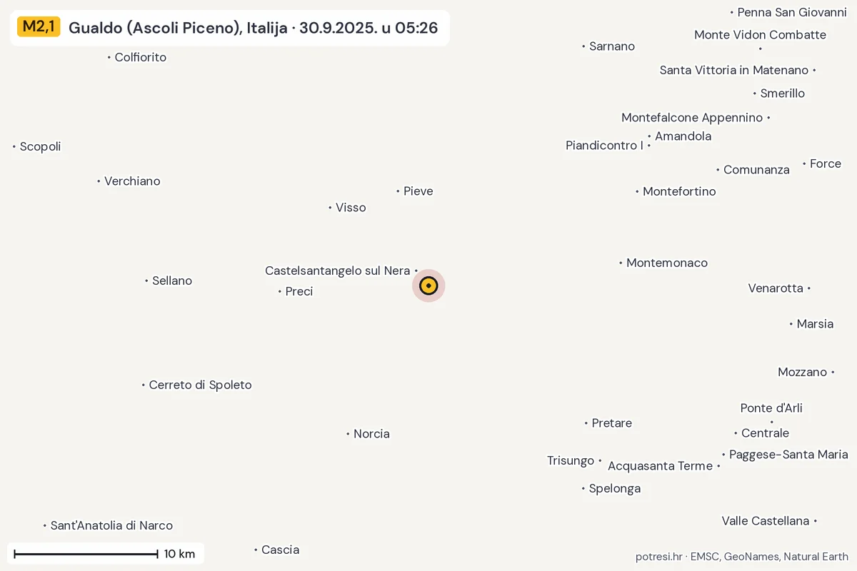 Karta: okolica epicentra, 60 km, potres M2,1, Gualdo (Ascoli Piceno), Italija, 30.9.2025.