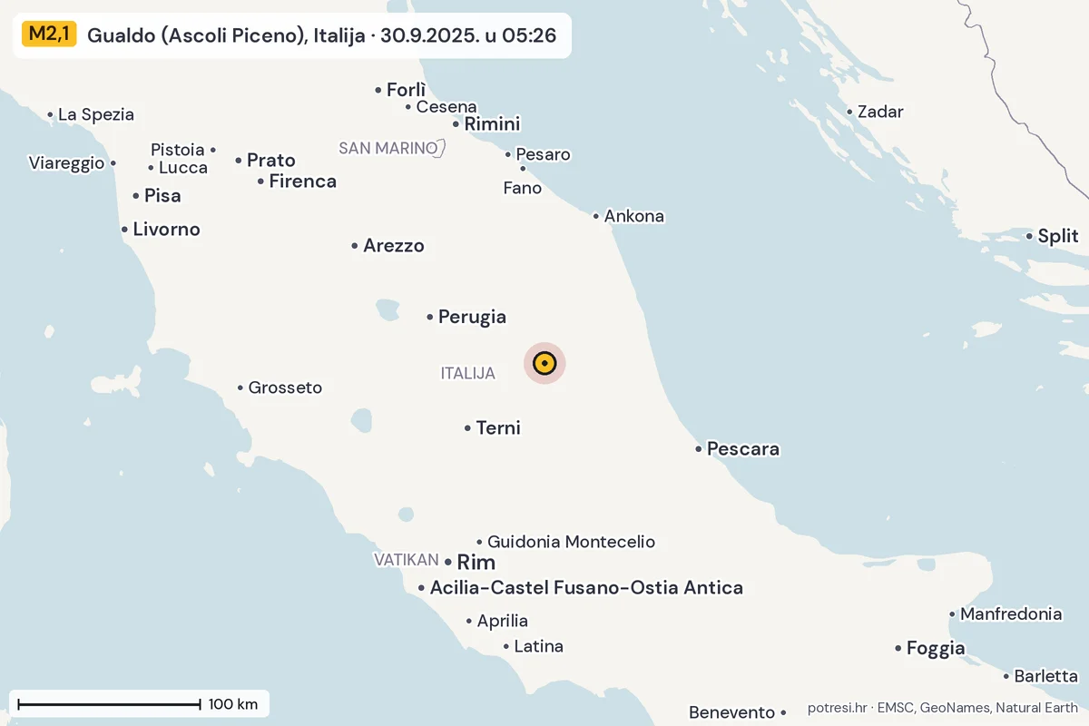 Karta: šire područje, 600 km, potres M2,1, Gualdo (Ascoli Piceno), Italija, 30.9.2025.
