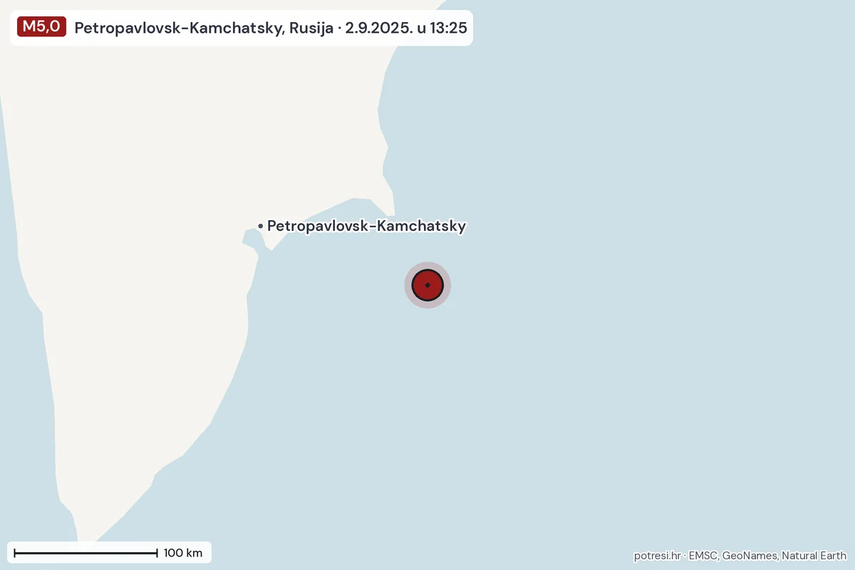 Karta: šire područje, 600 km, potres M5,0, Petropavlovsk-Kamchatsky, Rusija, 2.9.2025.