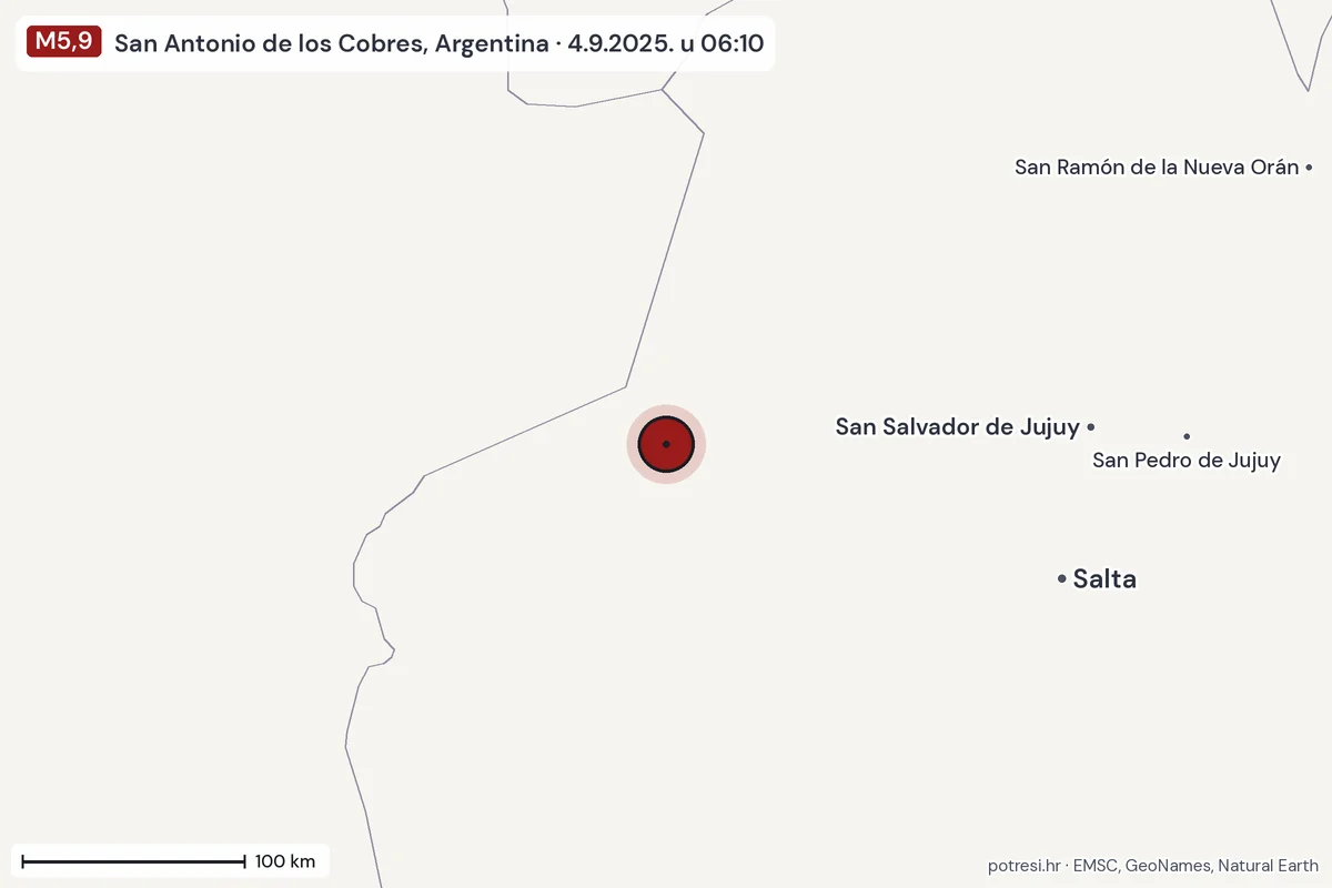 Karta: šire područje, 600 km, potres M5,9, San Antonio de los Cobres, Argentina, 4.9.2025.