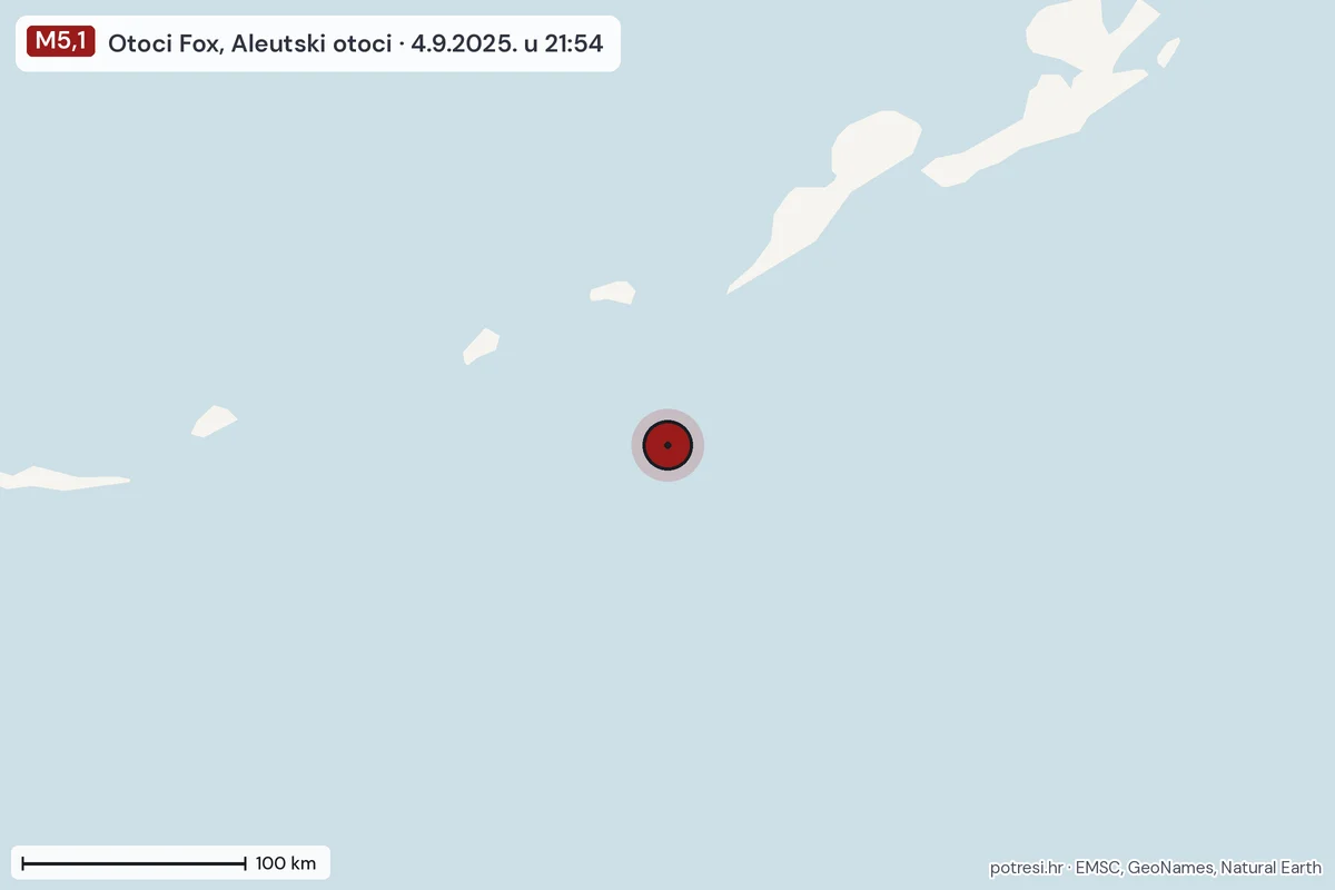 Karta: šire područje, 600 km, potres M5,1, Otoci Fox, Aleutski otoci, 4.9.2025.