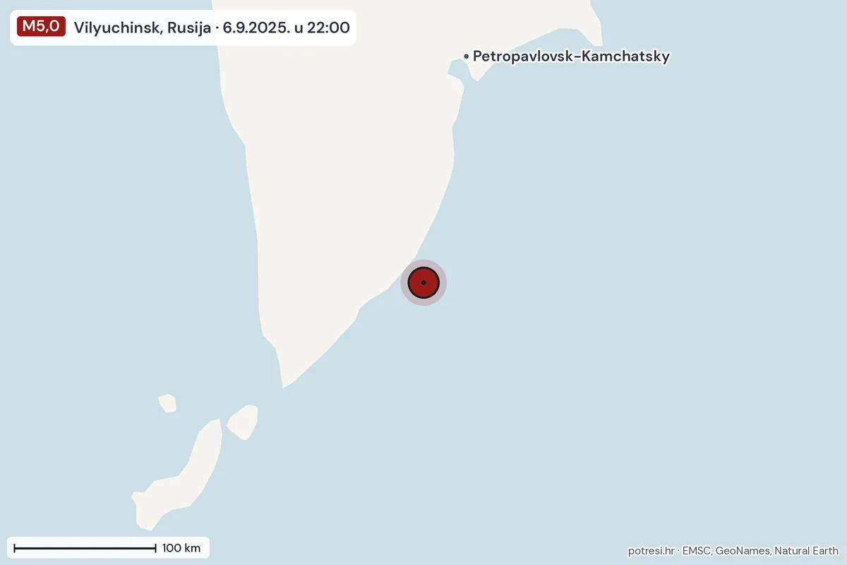 Karta: šire područje, 600 km, potres M5,0, Vilyuchinsk, Rusija, 6.9.2025.