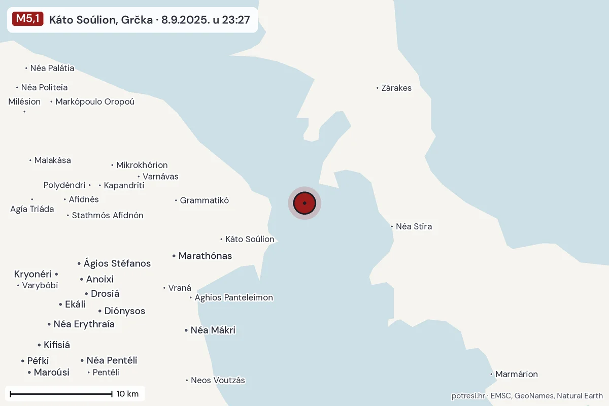 Karta: okolica epicentra, 60 km, potres M5,1, Káto Soúlion, Grčka, 8.9.2025.