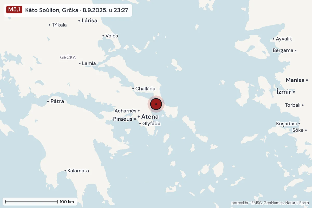 Karta: šire područje, 600 km, potres M5,1, Káto Soúlion, Grčka, 8.9.2025.