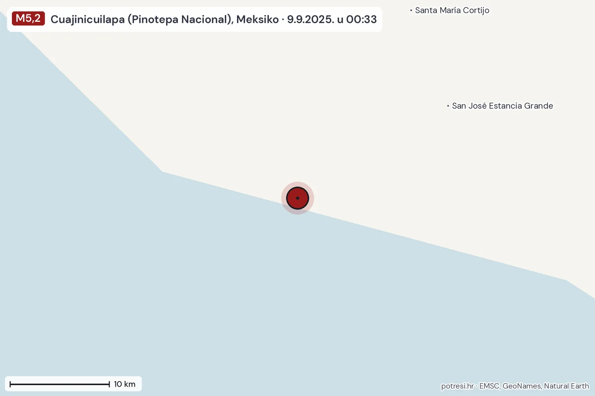 Karta: okolica epicentra, 60 km, potres M5,2, Cuajinicuilapa (Pinotepa Nacional), Meksiko, 9.9.2025.