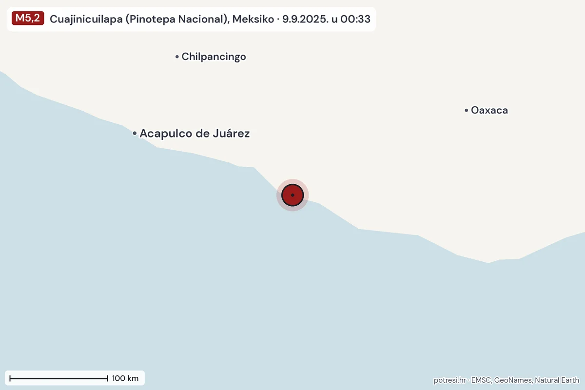 Karta: šire područje, 600 km, potres M5,2, Cuajinicuilapa (Pinotepa Nacional), Meksiko, 9.9.2025.