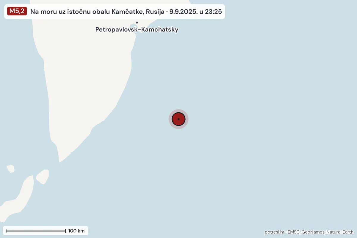 Karta: šire područje, 600 km, potres M5,2, Na moru uz istočnu obalu Kamčatke, Rusija, 9.9.2025.
