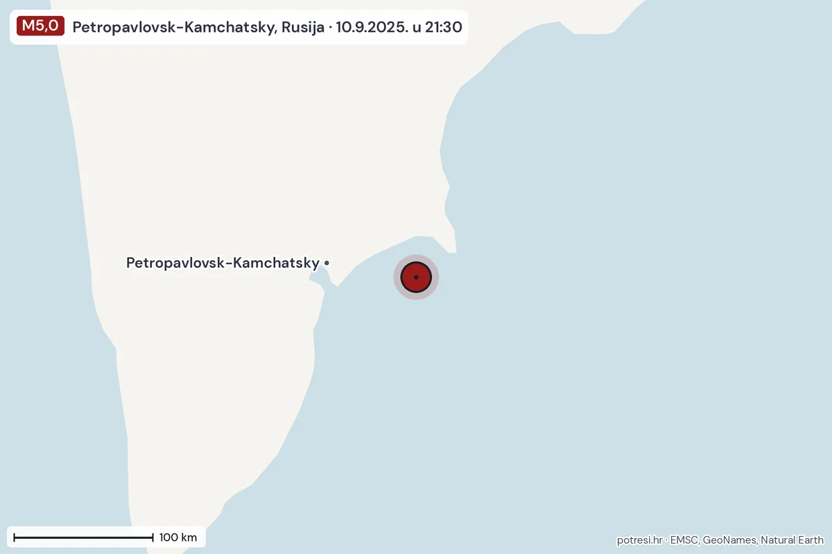 Karta: šire područje, 600 km, potres M5,0, Petropavlovsk-Kamchatsky, Rusija, 10.9.2025.