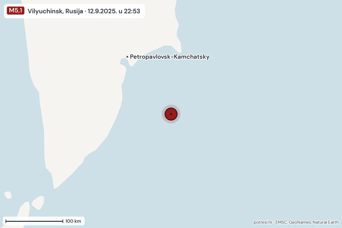 Karta: šire područje, 600 km, potres M5,1, Vilyuchinsk, Rusija, 12.9.2025.
