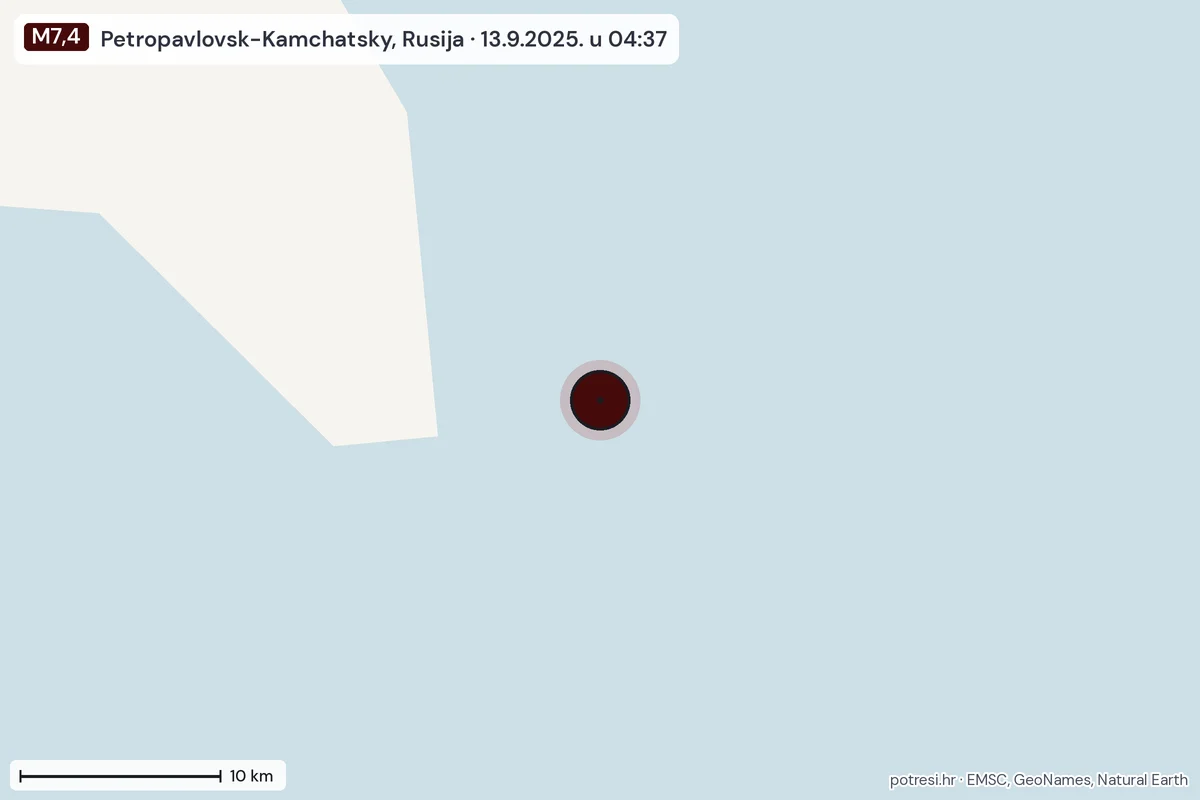 Karta: okolica epicentra, 60 km, potres M7,4, Petropavlovsk-Kamchatsky, Rusija, 13.9.2025.