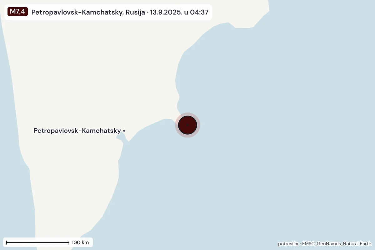 Karta: šire područje, 600 km, potres M7,4, Petropavlovsk-Kamchatsky, Rusija, 13.9.2025.