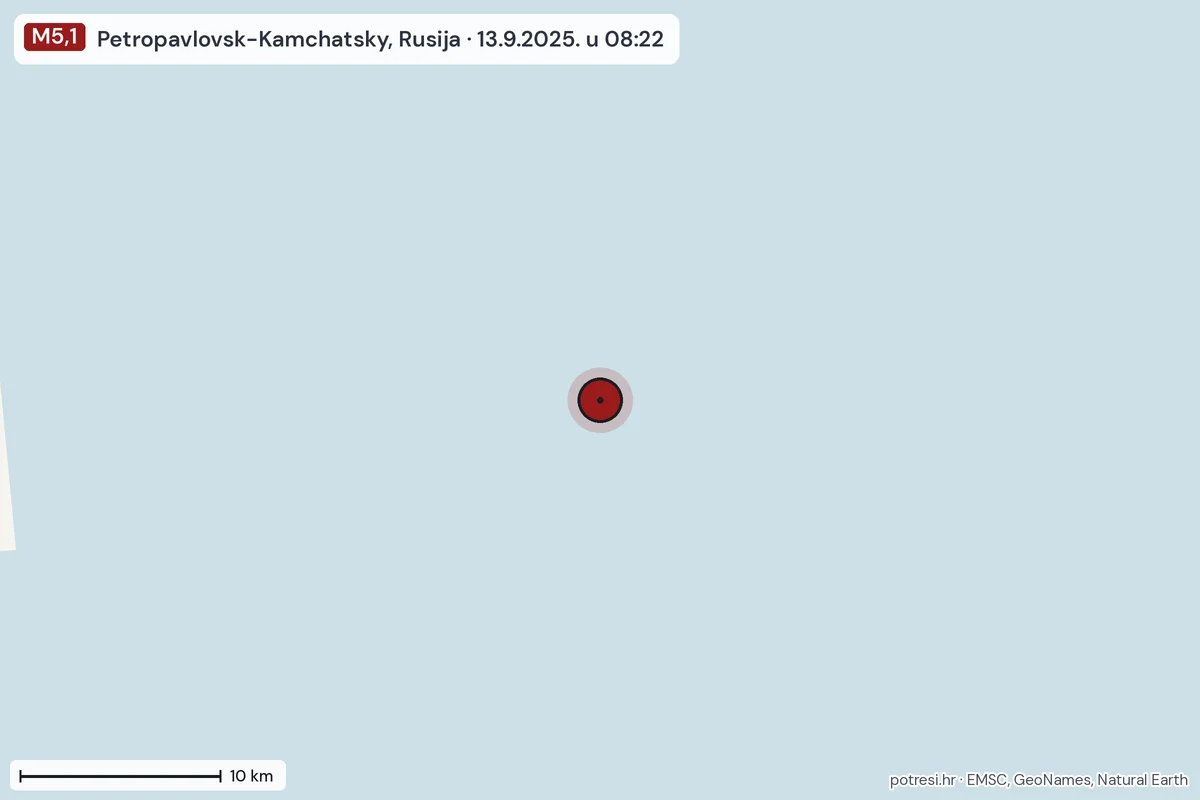 Karta: okolica epicentra, 60 km, potres M5,1, Petropavlovsk-Kamchatsky, Rusija, 13.9.2025.