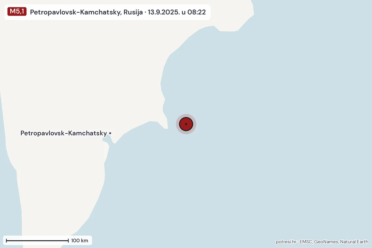 Karta: šire područje, 600 km, potres M5,1, Petropavlovsk-Kamchatsky, Rusija, 13.9.2025.