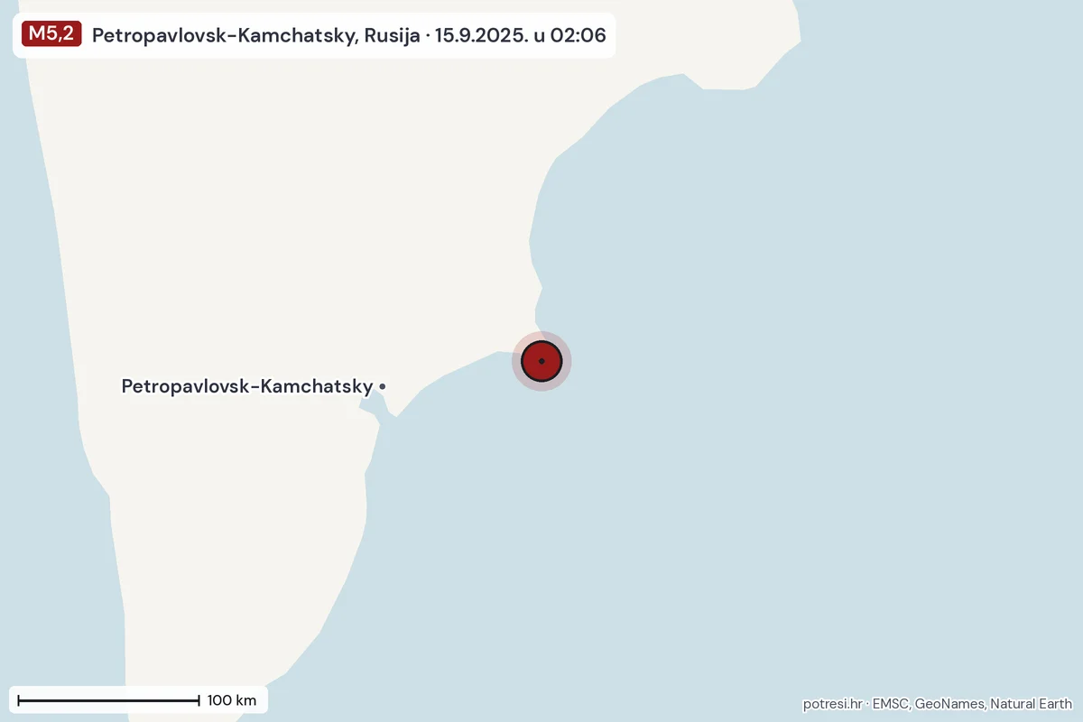 Karta: šire područje, 600 km, potres M5,2, Petropavlovsk-Kamchatsky, Rusija, 15.9.2025.