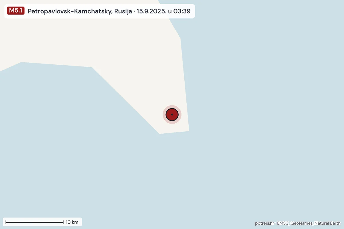 Karta: okolica epicentra, 60 km, potres M5,1, Petropavlovsk-Kamchatsky, Rusija, 15.9.2025.