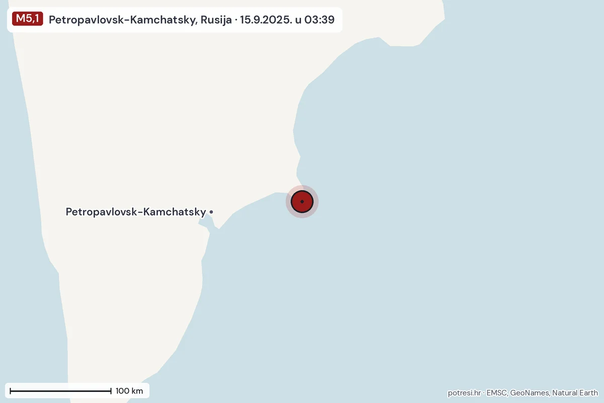 Karta: šire područje, 600 km, potres M5,1, Petropavlovsk-Kamchatsky, Rusija, 15.9.2025.