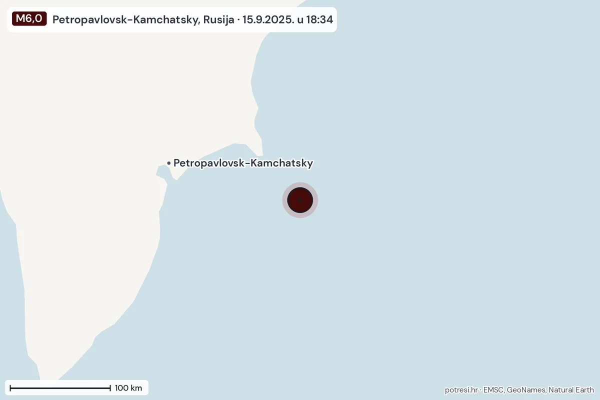 Karta: šire područje, 600 km, potres M6,0, Petropavlovsk-Kamchatsky, Rusija, 15.9.2025.