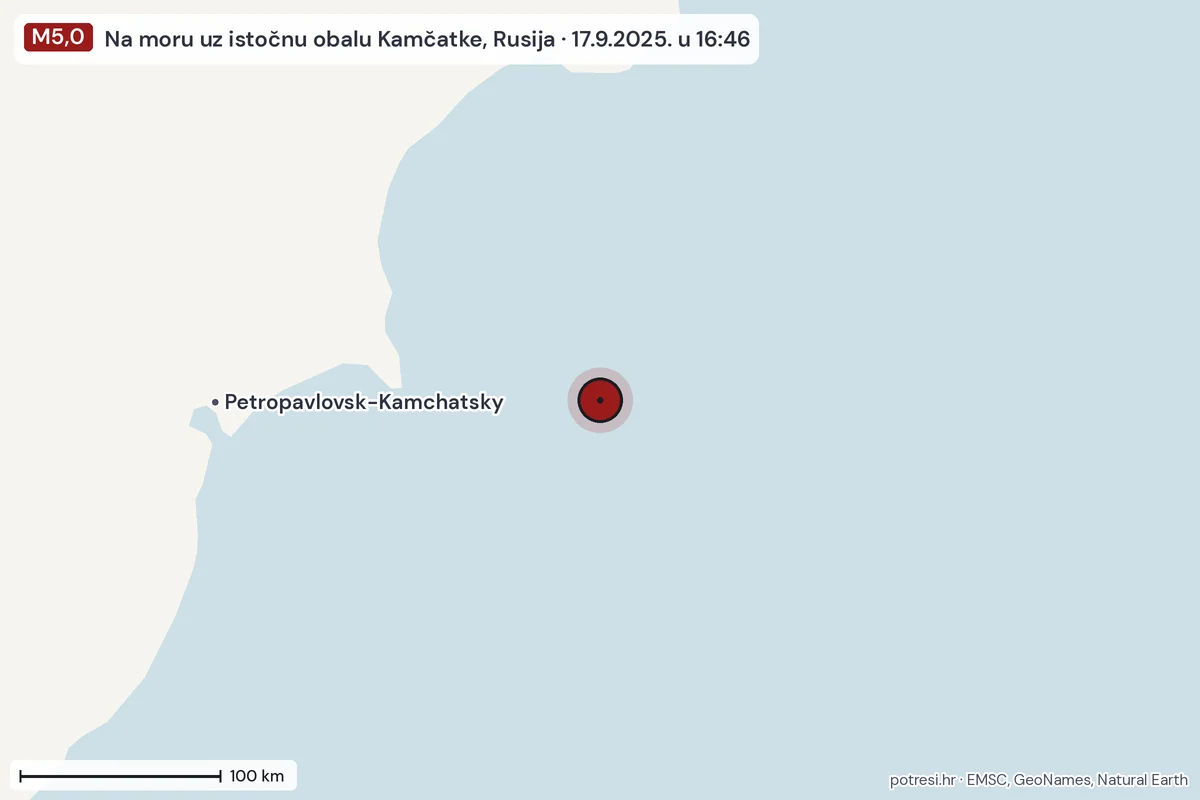 Karta: šire područje, 600 km, potres M5,0, Na moru uz istočnu obalu Kamčatke, Rusija, 17.9.2025.