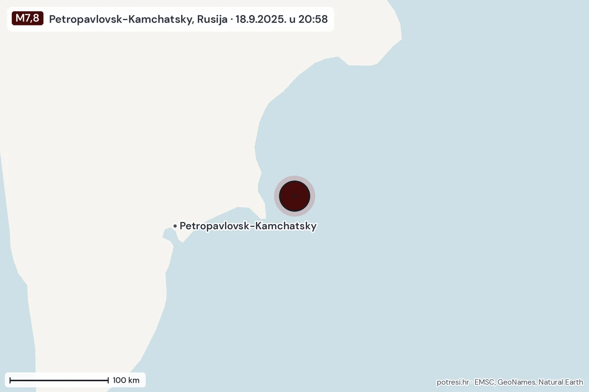 Karta: šire područje, 600 km, potres M7,8, Petropavlovsk-Kamchatsky, Rusija, 18.9.2025.