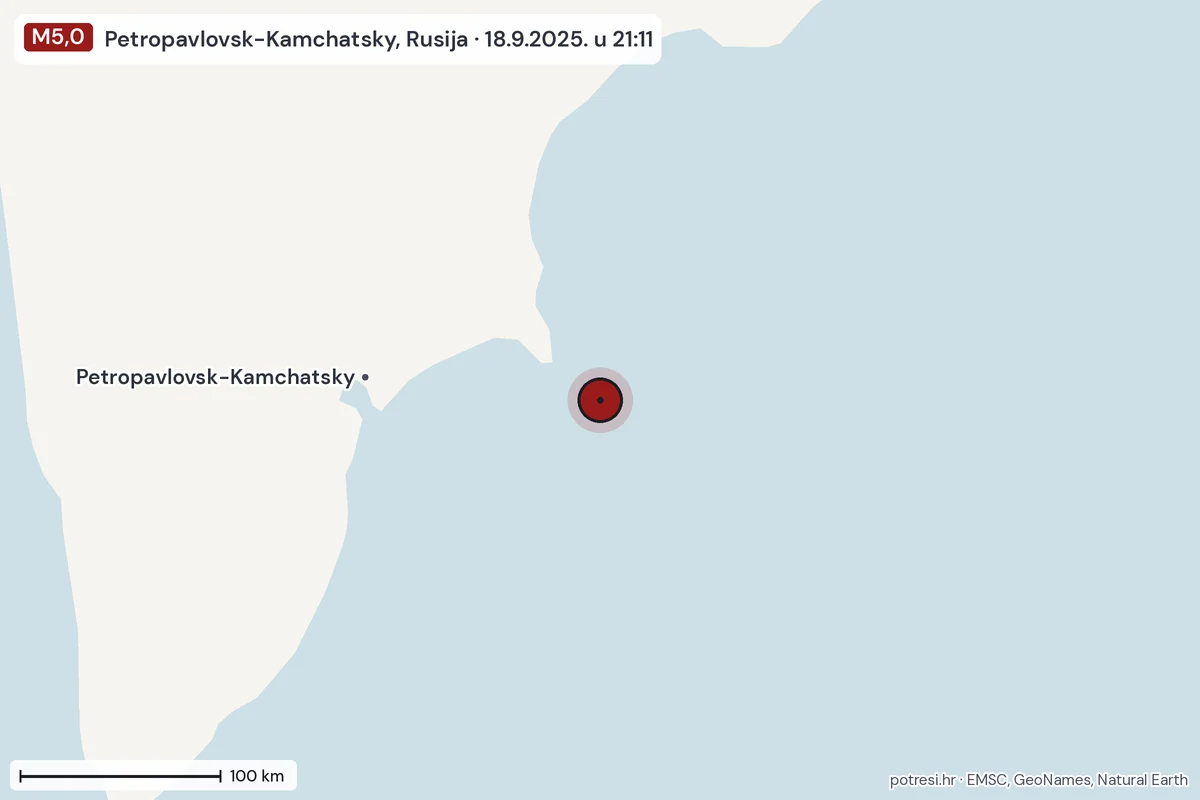 Karta: šire područje, 600 km, potres M5,0, Petropavlovsk-Kamchatsky, Rusija, 18.9.2025.