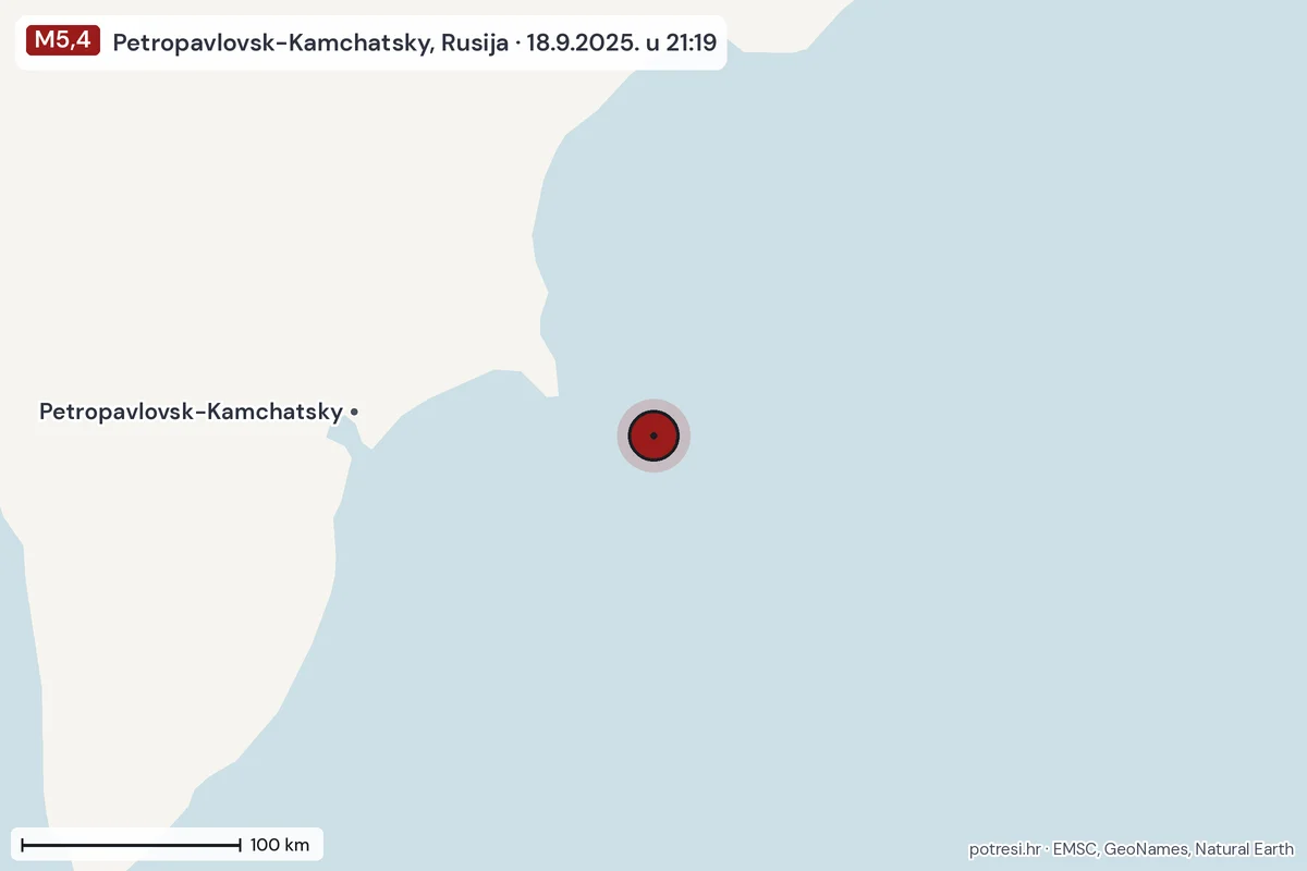 Karta: šire područje, 600 km, potres M5,4, Petropavlovsk-Kamchatsky, Rusija, 18.9.2025.