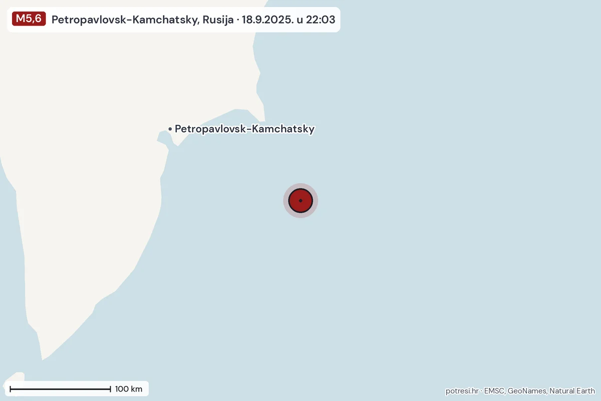Karta: šire područje, 600 km, potres M5,6, Petropavlovsk-Kamchatsky, Rusija, 18.9.2025.