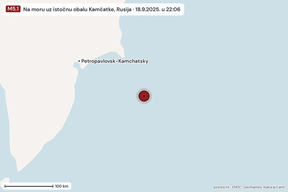 Karta: šire područje, 600 km, potres M5,1, Na moru uz istočnu obalu Kamčatke, Rusija, 18.9.2025.
