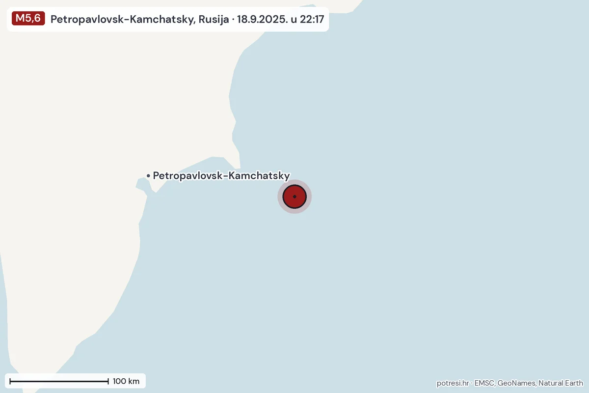 Karta: šire područje, 600 km, potres M5,6, Petropavlovsk-Kamchatsky, Rusija, 18.9.2025.