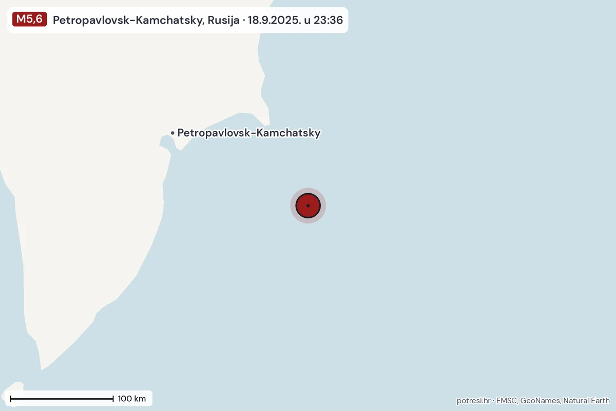 Karta: šire područje, 600 km, potres M5,6, Petropavlovsk-Kamchatsky, Rusija, 18.9.2025.