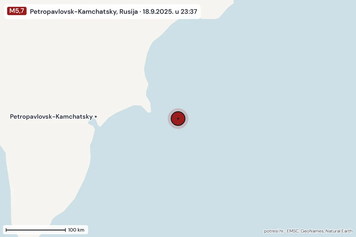 Karta: šire područje, 600 km, potres M5,7, Petropavlovsk-Kamchatsky, Rusija, 18.9.2025.