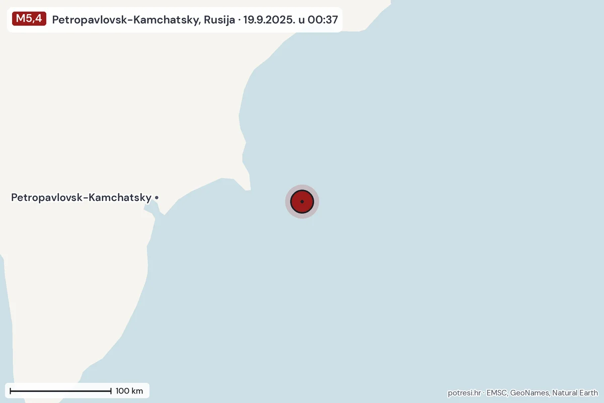 Karta: šire područje, 600 km, potres M5,4, Petropavlovsk-Kamchatsky, Rusija, 19.9.2025.