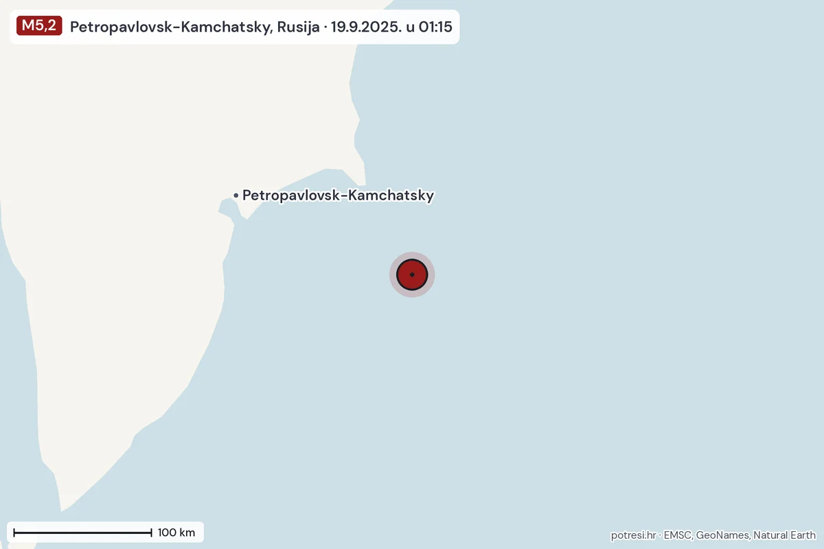 Karta: šire područje, 600 km, potres M5,2, Petropavlovsk-Kamchatsky, Rusija, 19.9.2025.