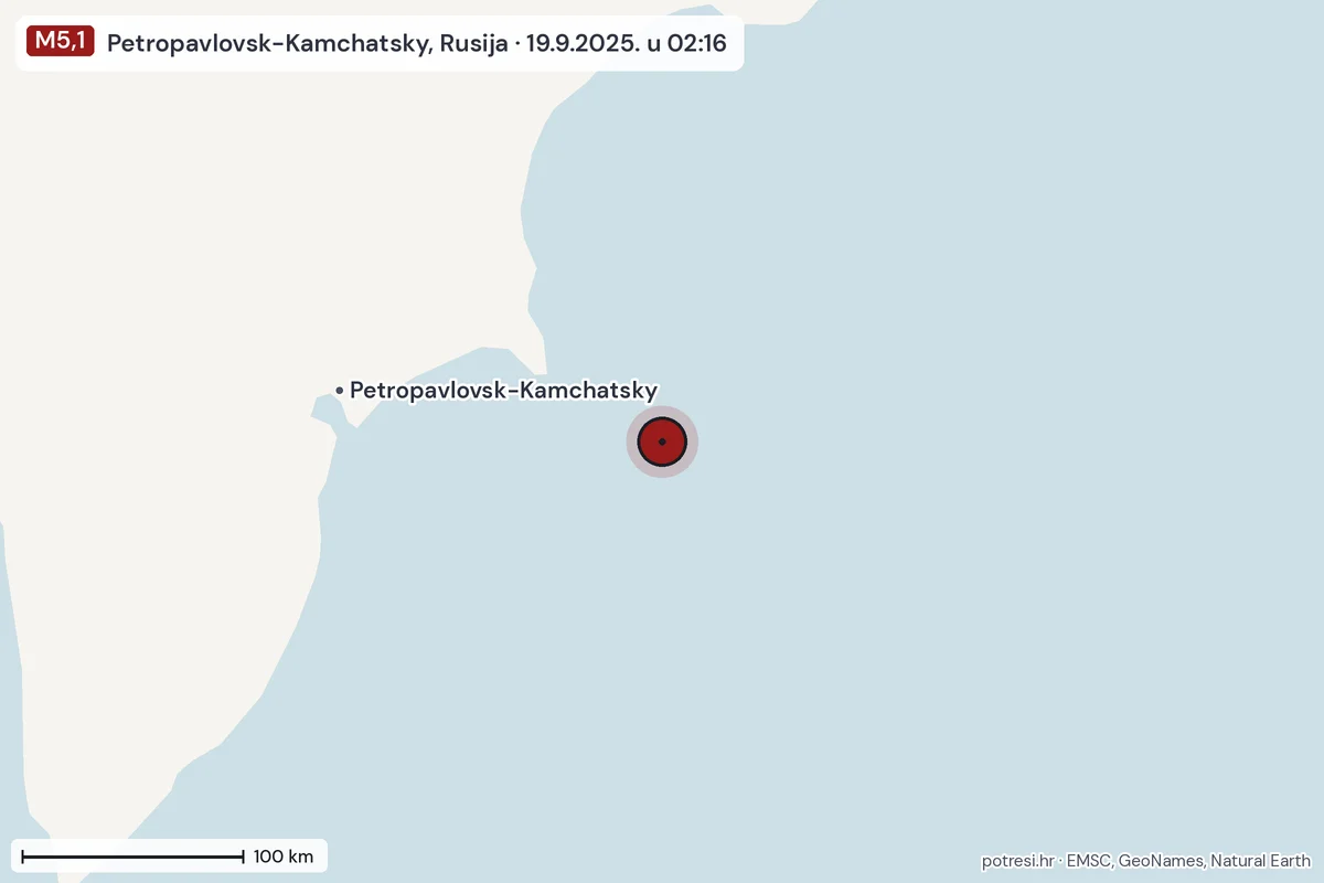 Karta: šire područje, 600 km, potres M5,1, Petropavlovsk-Kamchatsky, Rusija, 19.9.2025.
