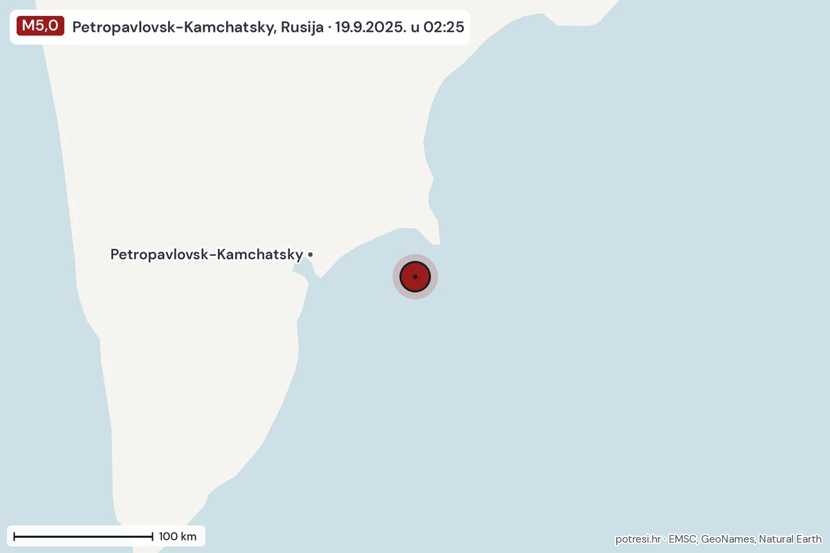 Karta: šire područje, 600 km, potres M5,0, Petropavlovsk-Kamchatsky, Rusija, 19.9.2025.