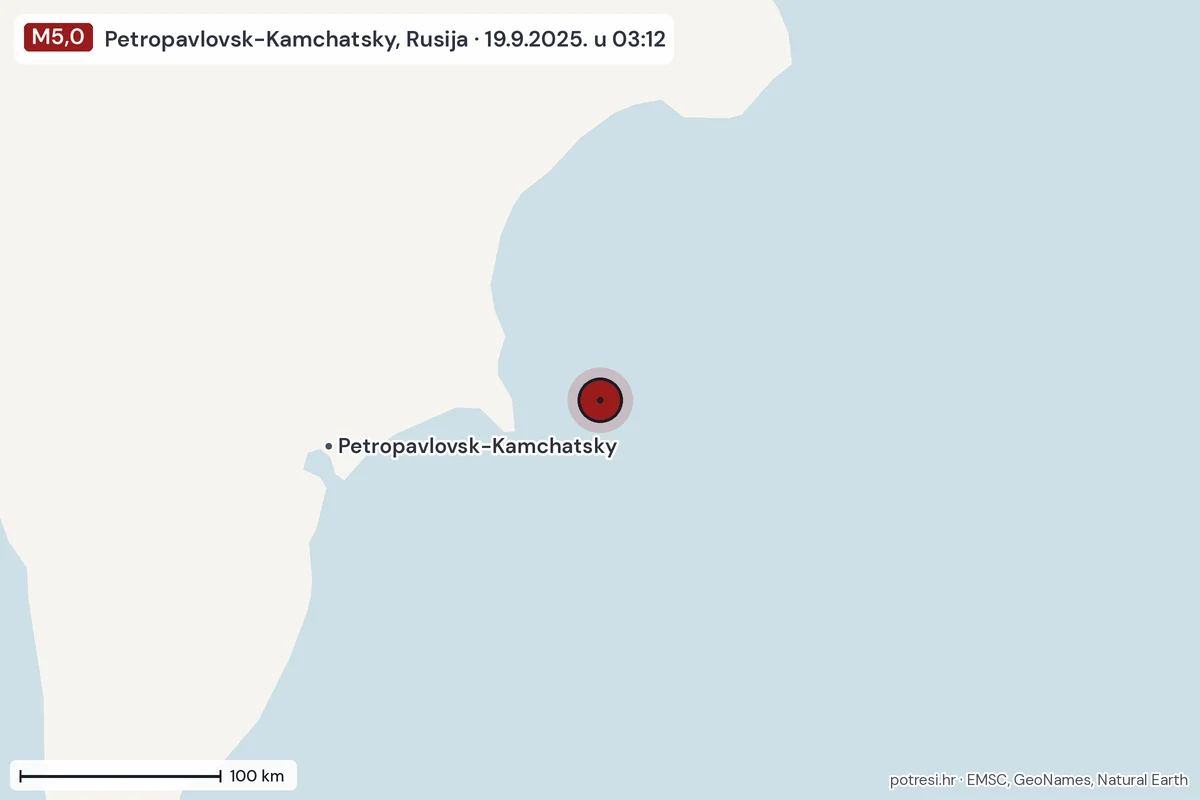 Karta: šire područje, 600 km, potres M5,0, Petropavlovsk-Kamchatsky, Rusija, 19.9.2025.