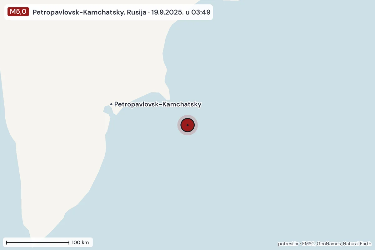 Karta: šire područje, 600 km, potres M5,0, Petropavlovsk-Kamchatsky, Rusija, 19.9.2025.