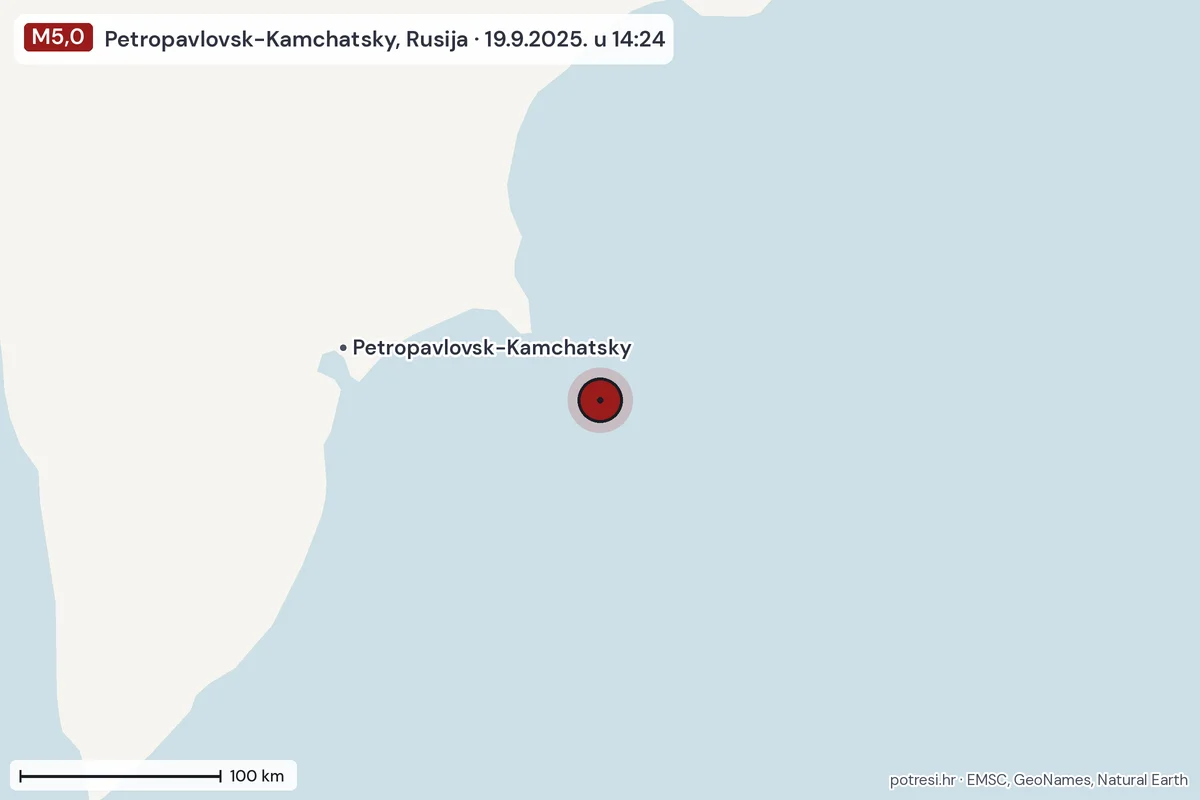 Karta: šire područje, 600 km, potres M5,0, Petropavlovsk-Kamchatsky, Rusija, 19.9.2025.
