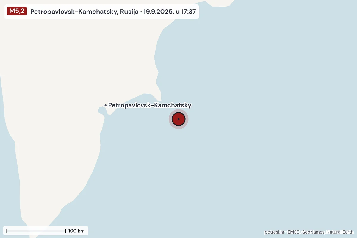 Karta: šire područje, 600 km, potres M5,2, Petropavlovsk-Kamchatsky, Rusija, 19.9.2025.