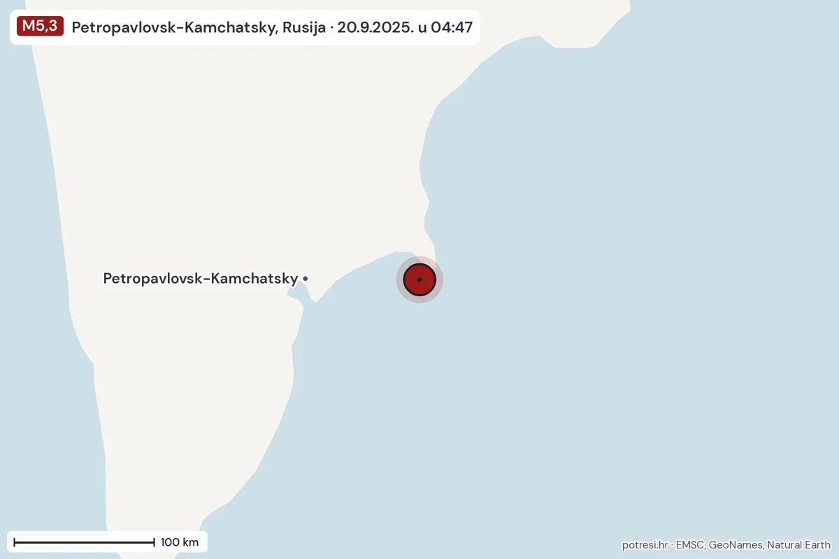 Karta: šire područje, 600 km, potres M5,3, Petropavlovsk-Kamchatsky, Rusija, 20.9.2025.