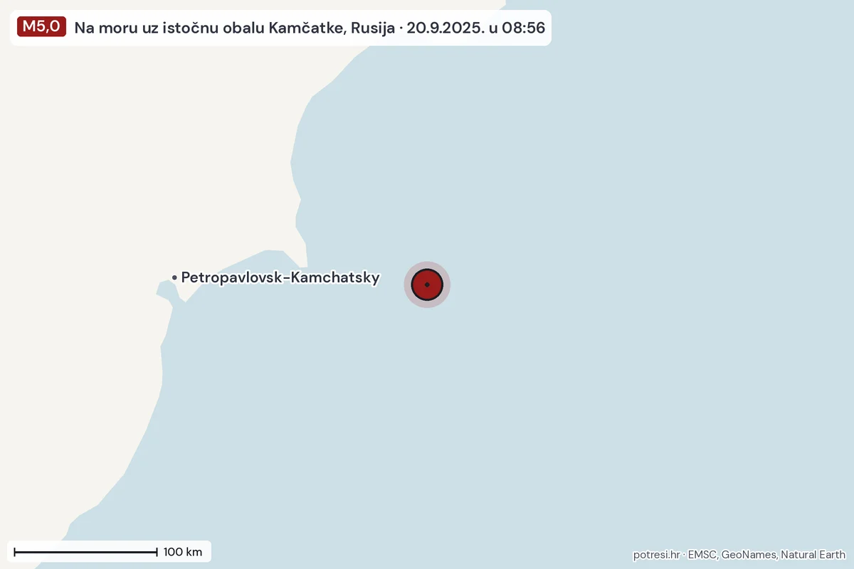 Karta: šire područje, 600 km, potres M5,0, Na moru uz istočnu obalu Kamčatke, Rusija, 20.9.2025.