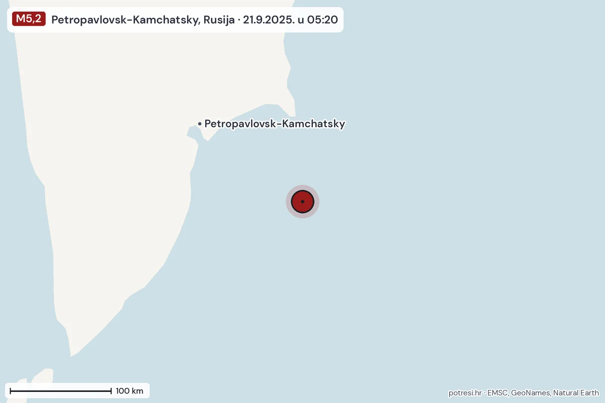 Karta: šire područje, 600 km, potres M5,2, Petropavlovsk-Kamchatsky, Rusija, 21.9.2025.
