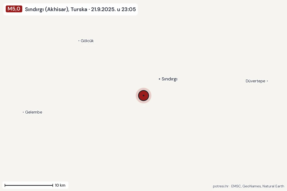Karta: okolica epicentra, 60 km, potres M5,0, Sındırgı (Akhisar), Turska, 21.9.2025.