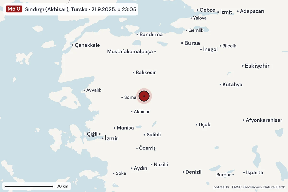 Karta: šire područje, 600 km, potres M5,0, Sındırgı (Akhisar), Turska, 21.9.2025.