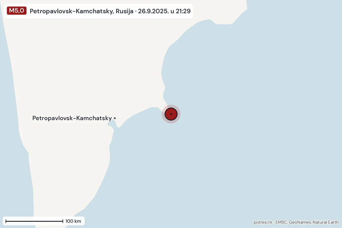 Karta: šire područje, 600 km, potres M5,0, Petropavlovsk-Kamchatsky, Rusija, 26.9.2025.