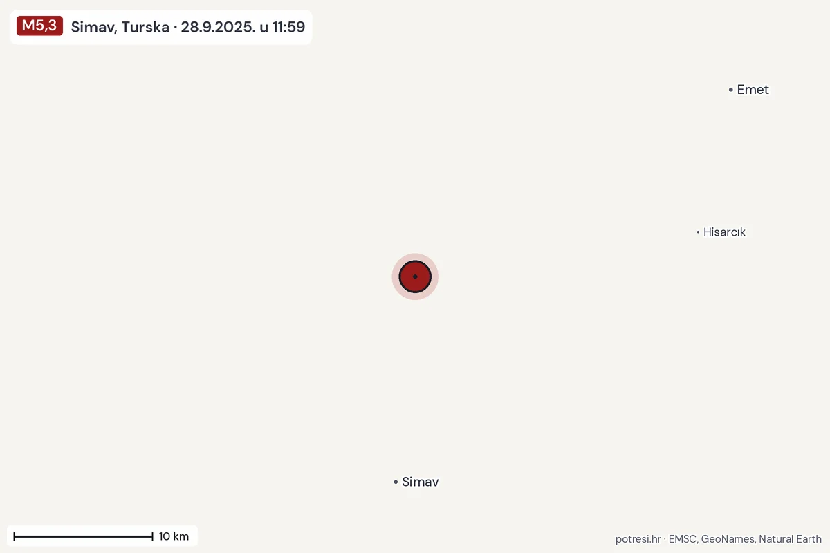 Karta: okolica epicentra, 60 km, potres M5,3, Simav, Turska, 28.9.2025.