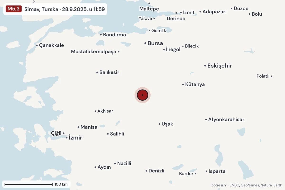 Karta: šire područje, 600 km, potres M5,3, Simav, Turska, 28.9.2025.